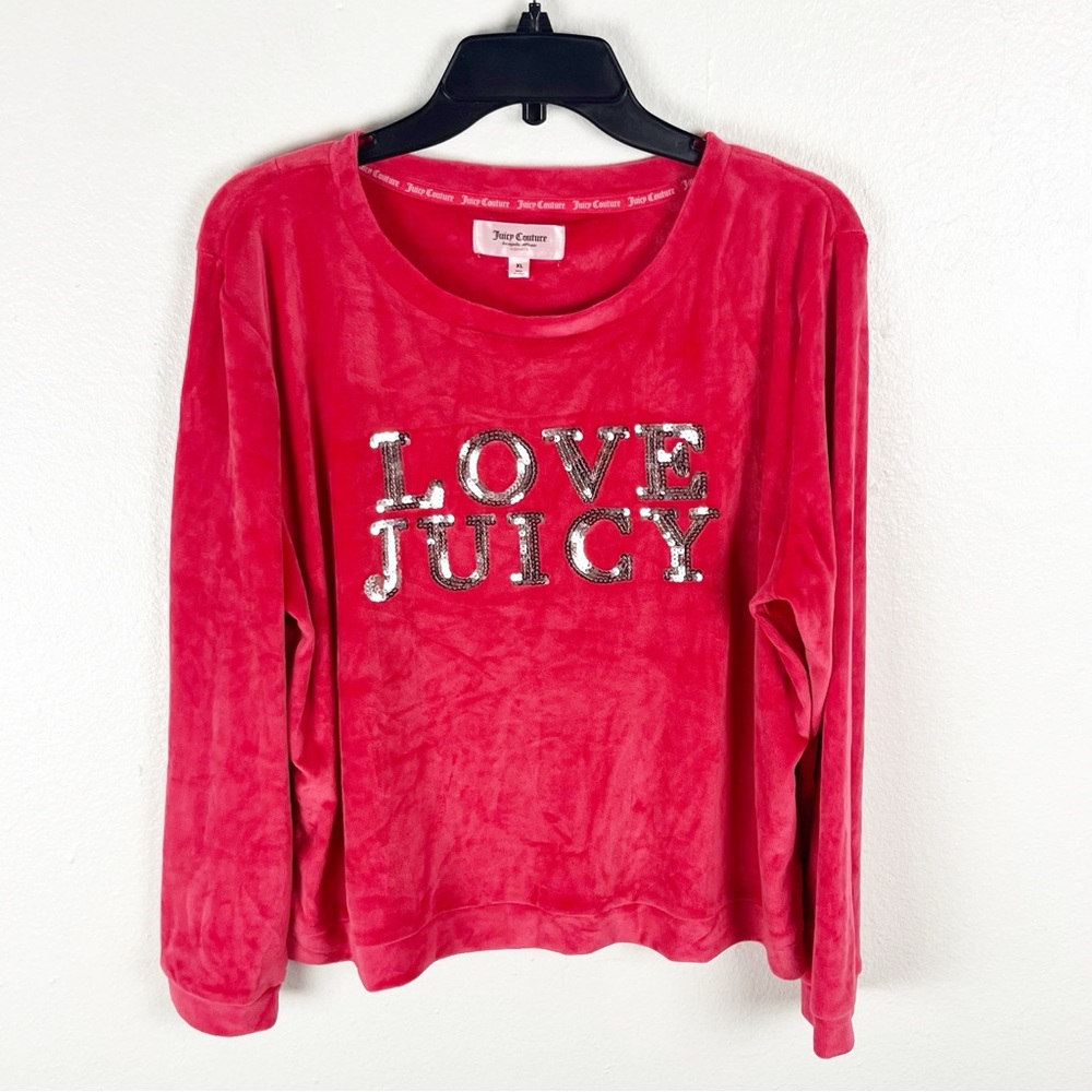 JUICY COUTURE Red Velour Long Sleeves Sequins Top, Size XL